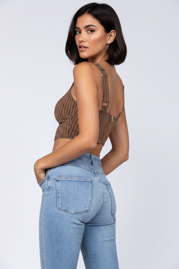 CARAMEL JOYA STRIPES PRINT PEEK-A-BOO CROP TOP IMC2570T