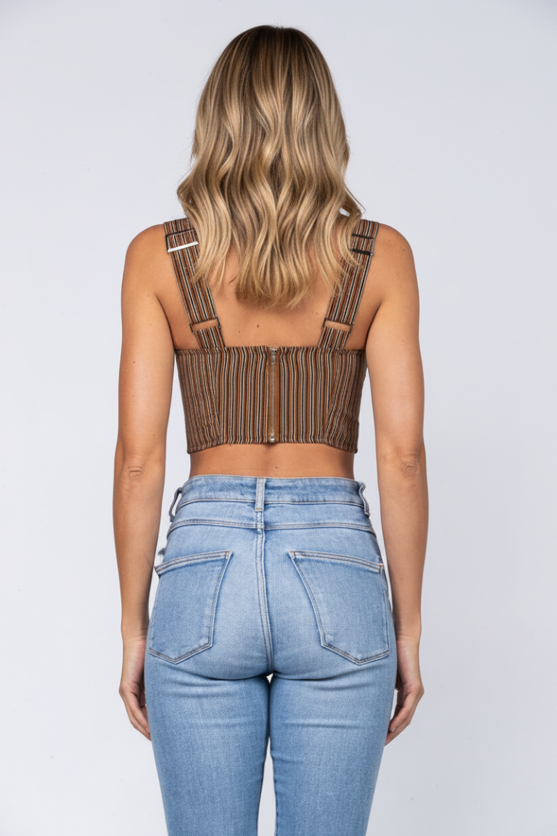 CARAMEL JOYA STRIPES PRINT PEEK-A-BOO CROP TOP IMC2570T