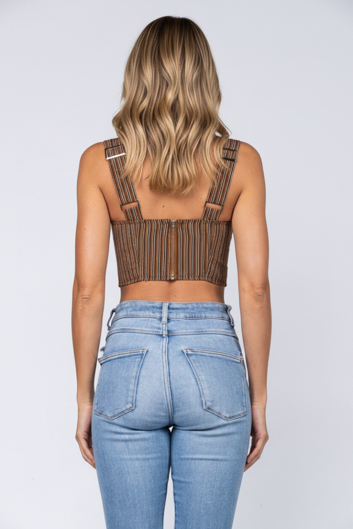 CARAMEL JOYA STRIPES PRINT PEEK-A-BOO CROP TOP IMC2570T
