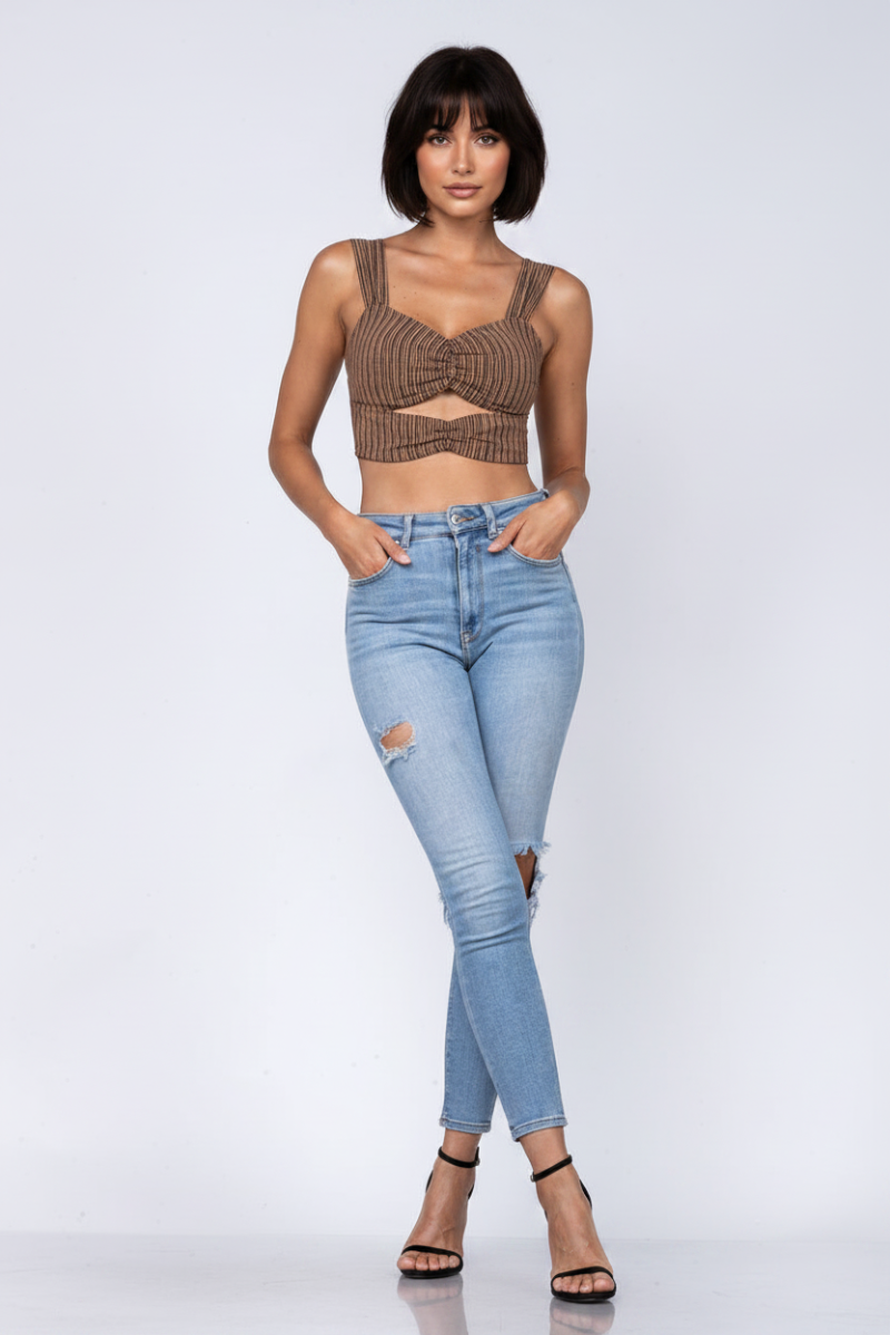 CARAMEL JOYA STRIPES PRINT PEEK-A-BOO CROP TOP IMC2570T