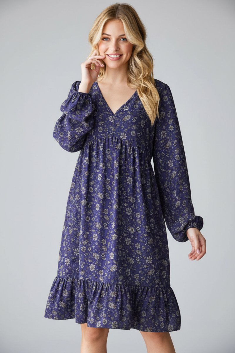 PLUS SIZE FLORAL PRINT PUFF SLEEVE BABYDOLL MINI DRESS HMED6786