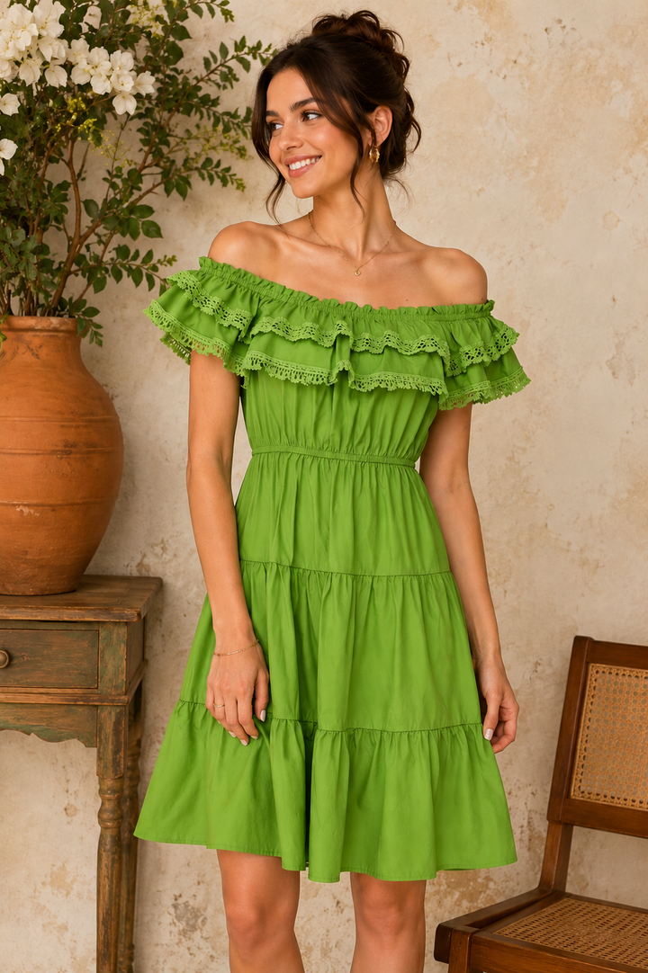 BABYDOLL OFF SHOULDER LACE DETAIL MINI DRESS-AVD51310W