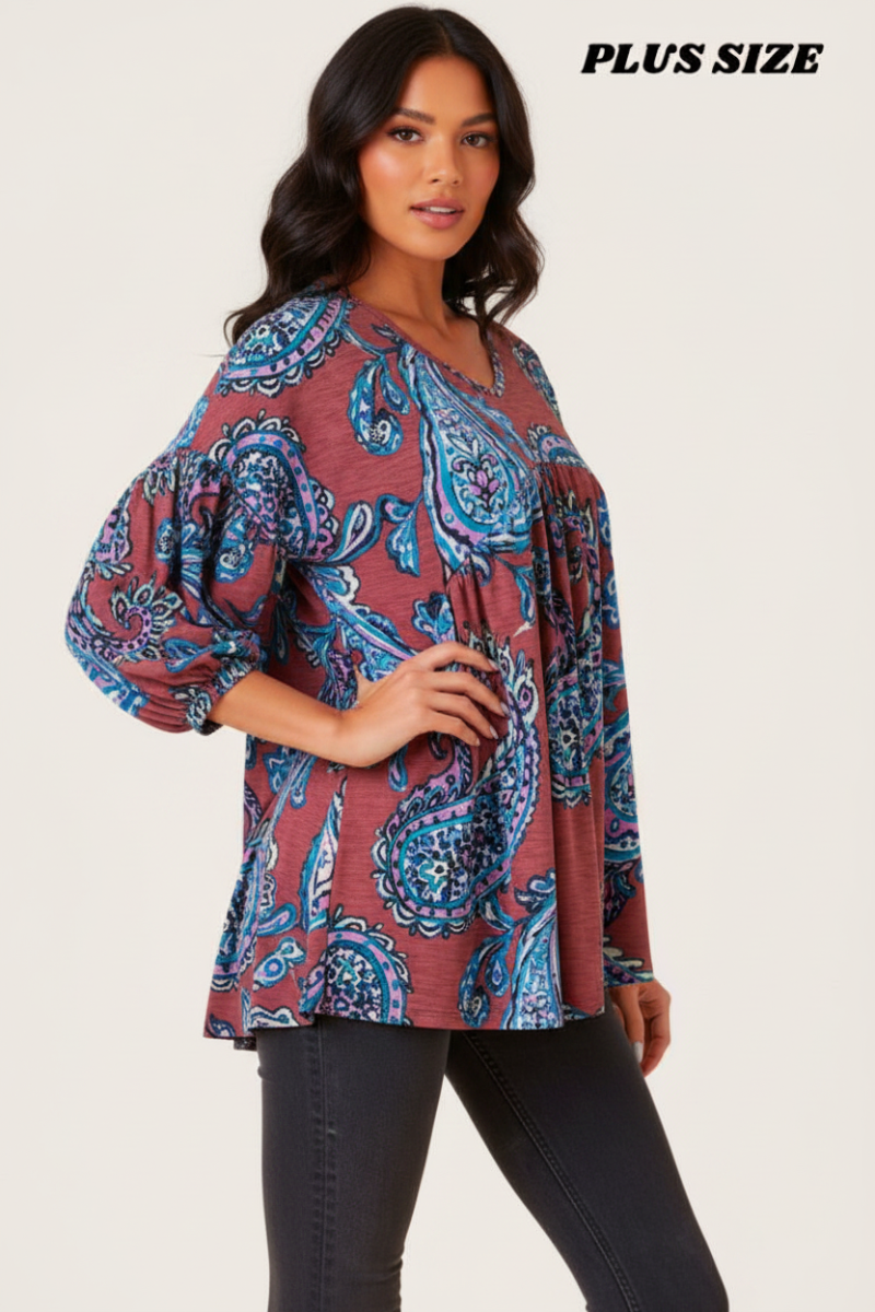 VIOLET V-NECK 3/4 SLEEVES PLUS SIZE TUNIC TOP B5693X-F