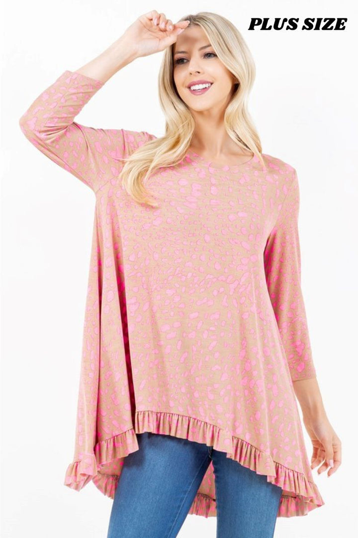 PINK ANIMAL PRINT 3/4 SLEEVES HI-LO PLUS SIZE TUNIC TOP TB50827X-AE