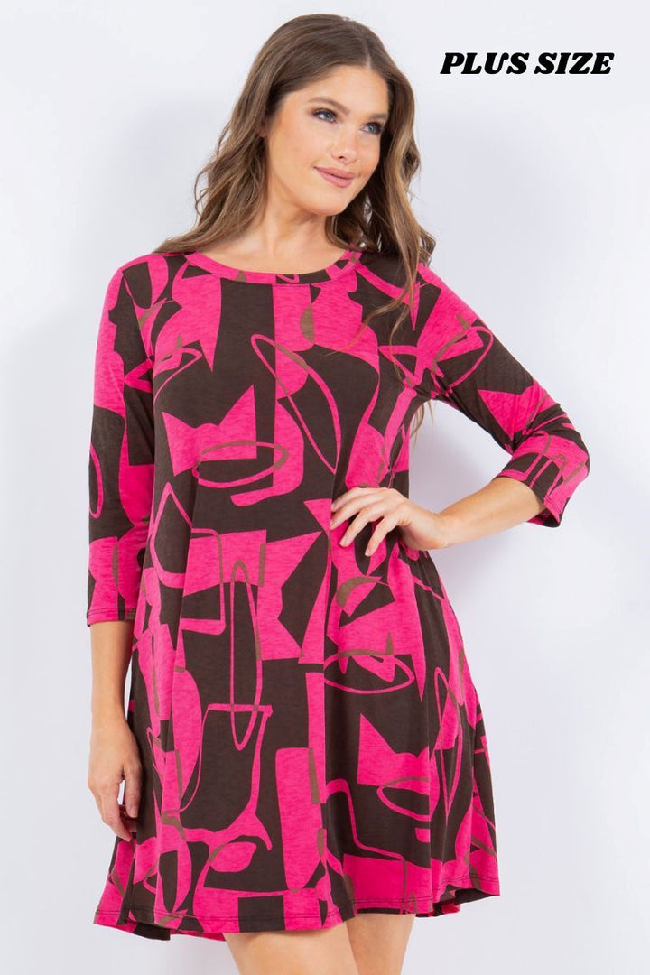 MAGENTA PRINTED  3/4 SLEEVES W/ POCKETS PLUS SIZE MINI DRESS SHVC43217-LX29