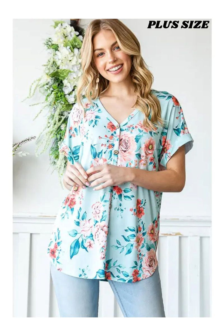 MINT FLORAL DOLMAN SLEEVES BUTTON FRONT PLUS SIZE TOP HMET7123-12X