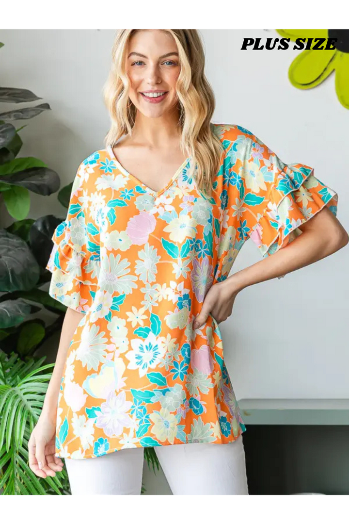 ORANGE FLORAL PRINT DOUBLE RUFFLED V-NECK PLUS SIZE TOP HMET7105-13X