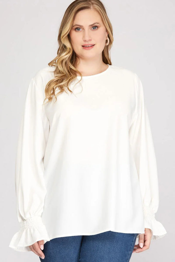 CORAL SMOCKED LONG BUBBLE SLEEVES WOVEN PLUS SIZE TOP SKPSS2122R4