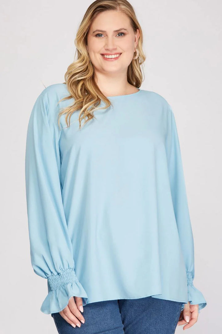 CORAL SMOCKED LONG BUBBLE SLEEVES WOVEN PLUS SIZE TOP SKPSS2122R4