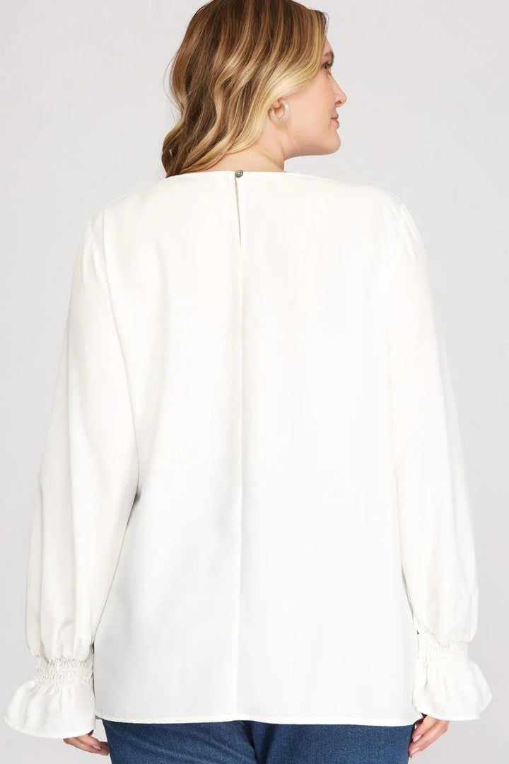 CORAL SMOCKED LONG BUBBLE SLEEVES WOVEN PLUS SIZE TOP SKPSS2122R4