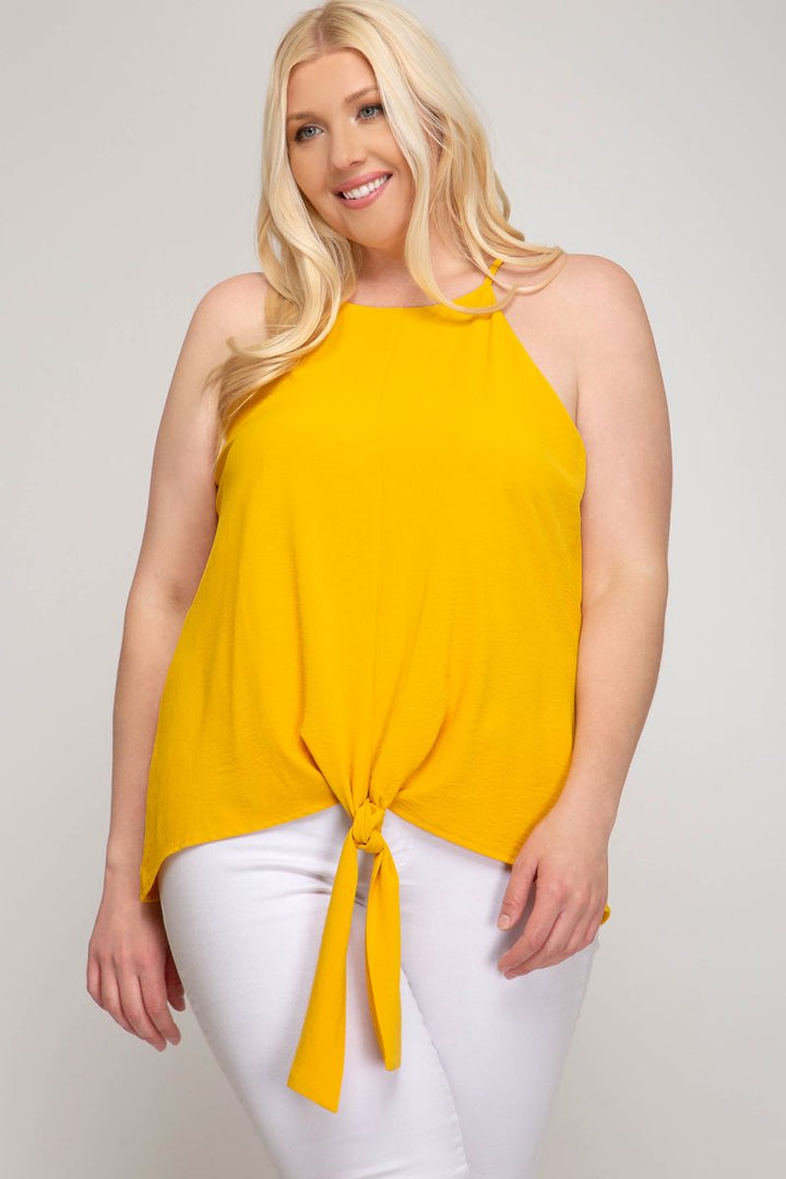 SUNFLOWER FRONT TIE DETAILED WOVEN CAMI PLUS SIZE TOP