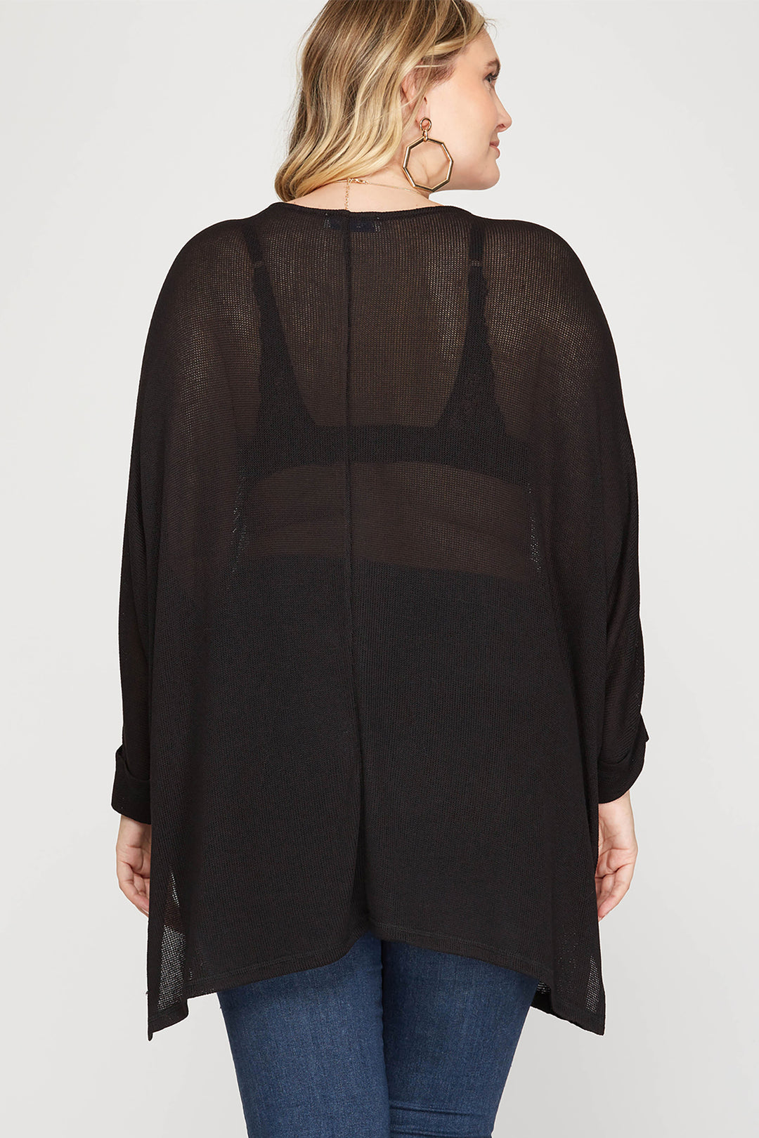 BLACK PLUS -3/4 BATWING SLEEVE LOW GAGE HI LOW KNIT TOP-SKPSS6516R