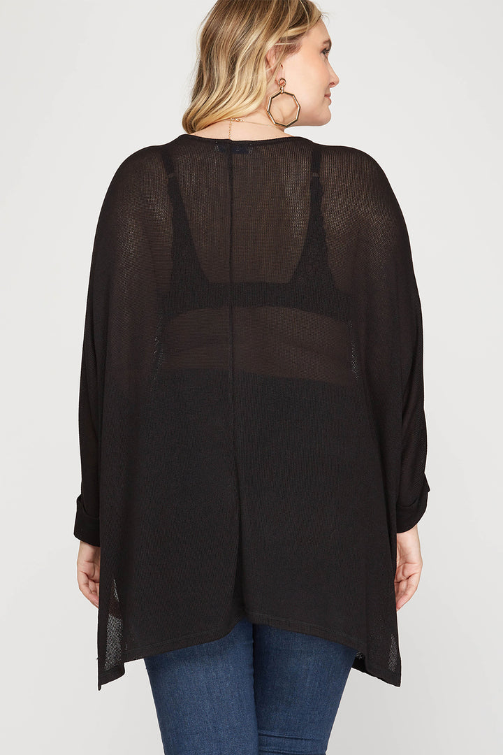 BLACK PLUS -3/4 BATWING SLEEVE LOW GAGE HI LOW KNIT TOP-SKPSS6516R