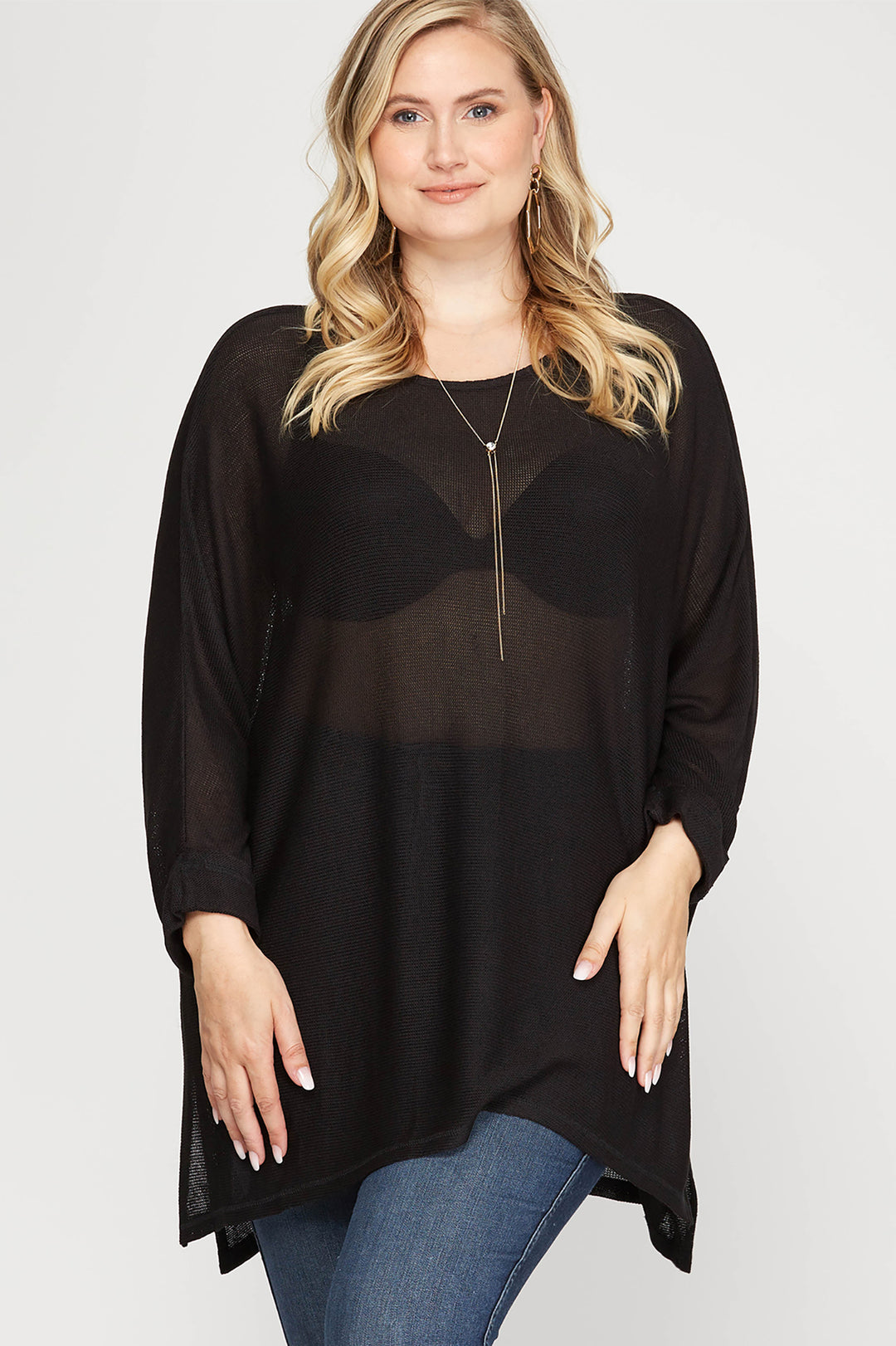 BLACK PLUS -3/4 BATWING SLEEVE LOW GAGE HI LOW KNIT TOP-SKPSS6516R