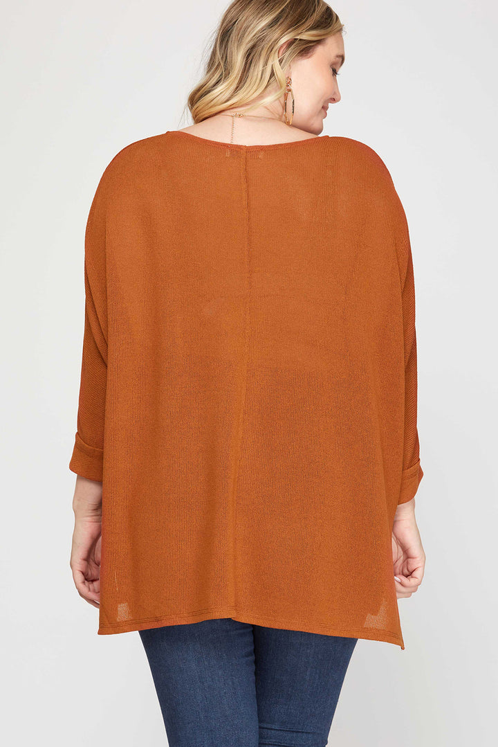 RUST PLUS -3/4 BATWING SLEEVE LOW GAGE HI LOW KNIT TOP-SKPSS6516R