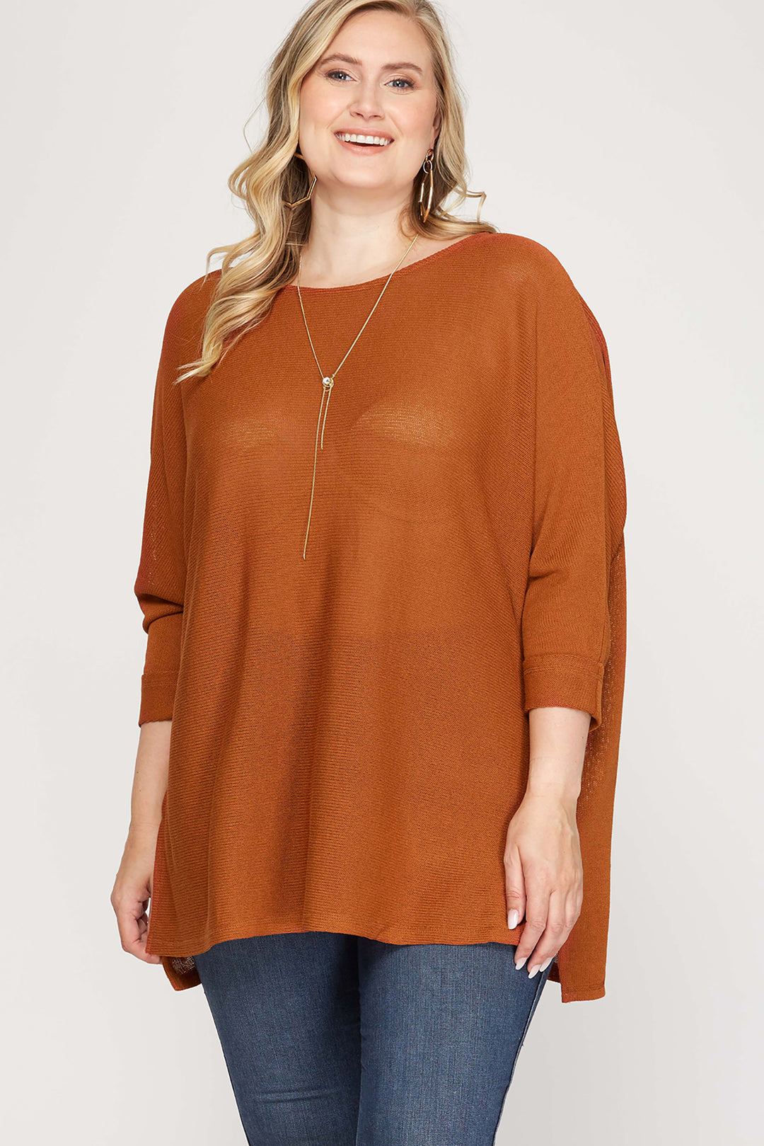 SKPSS6516R-Wholesale Rust PLUS -3/4 BATWING SLEEVE LOW GAGE HI LOW KNIT TOP