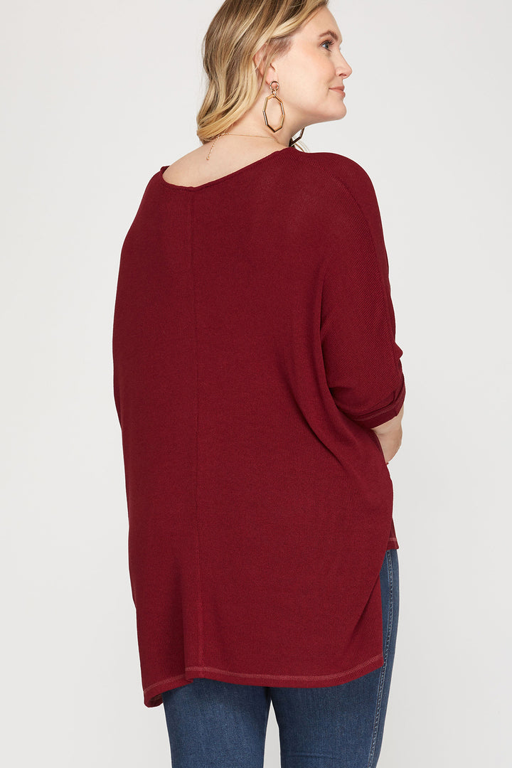WINE PLUS -3/4 BATWING SLEEVE LOW GAGE HI LOW KNIT TOP-SKPSS6516R