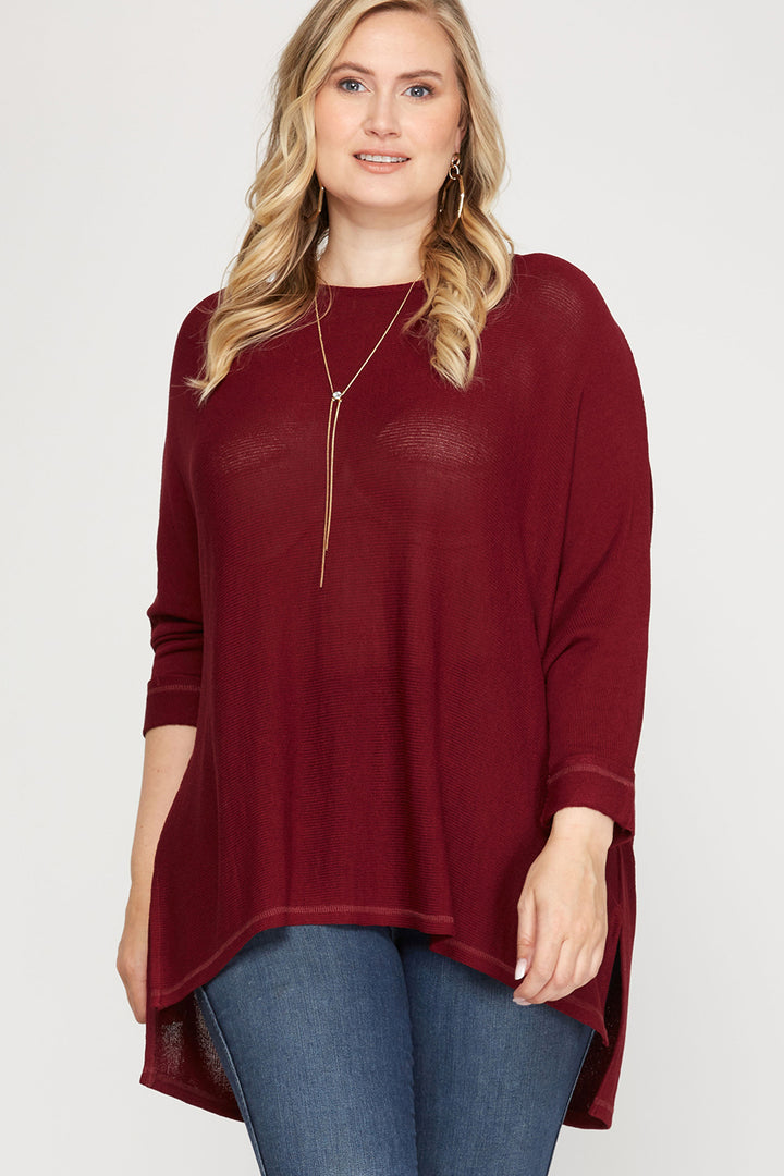 SKPSS6516R-Wholesale Wine PLUS -3/4 BATWING SLEEVE LOW GAGE HI LOW KNIT TOP