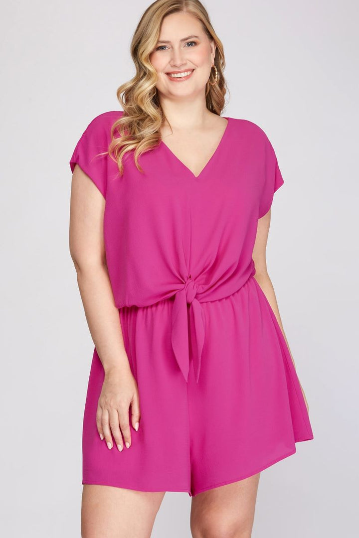 MAGENTA PINK DROP SHOULDER TIE FRONT PLUS SIZE WOVEN ROMPER