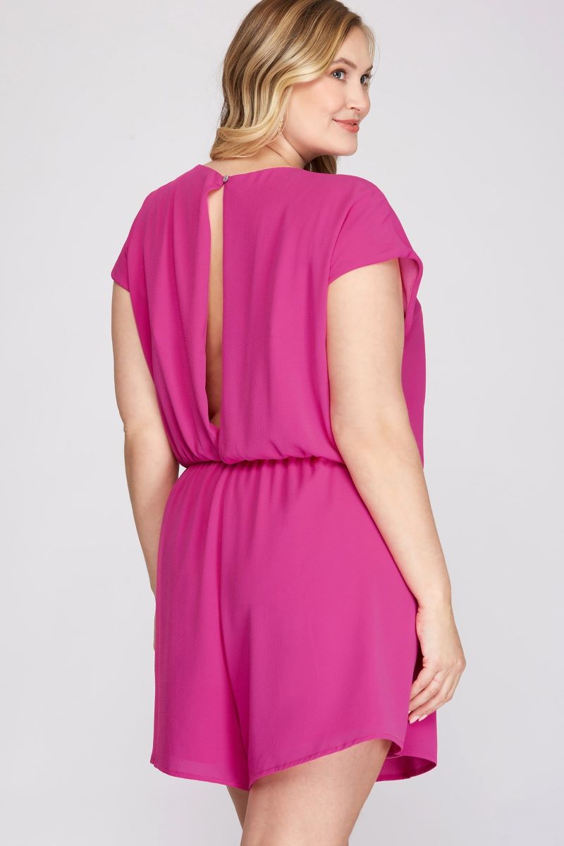 MAGENTA PINK DROP SHOULDER TIE FRONT PLUS SIZE WOVEN ROMPER