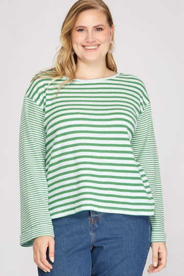 STRIPE LONG WIDE FOLDED SLEEVES PLUS SIZE KNIT TOP SKPSY3418