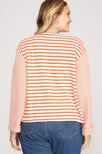 STRIPE LONG WIDE FOLDED SLEEVES PLUS SIZE KNIT TOP SKPSY3418