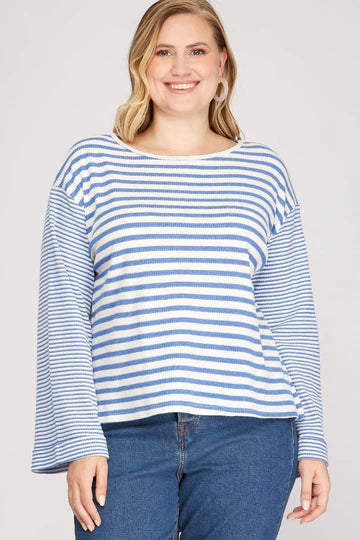 STRIPE LONG WIDE FOLDED SLEEVES PLUS SIZE KNIT TOP SKPSY3418