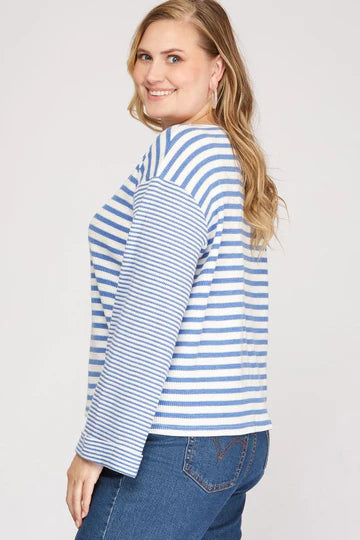 STRIPE LONG WIDE FOLDED SLEEVES PLUS SIZE KNIT TOP SKPSY3418
