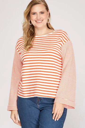 STRIPE LONG WIDE FOLDED SLEEVES PLUS SIZE KNIT TOP SKPSY3418