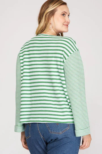 STRIPE LONG WIDE FOLDED SLEEVES PLUS SIZE KNIT TOP SKPSY3418