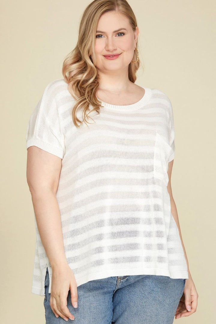 OFF WHITE DROP SHOULDER SHEER KNIT PLUS SIZE TOP