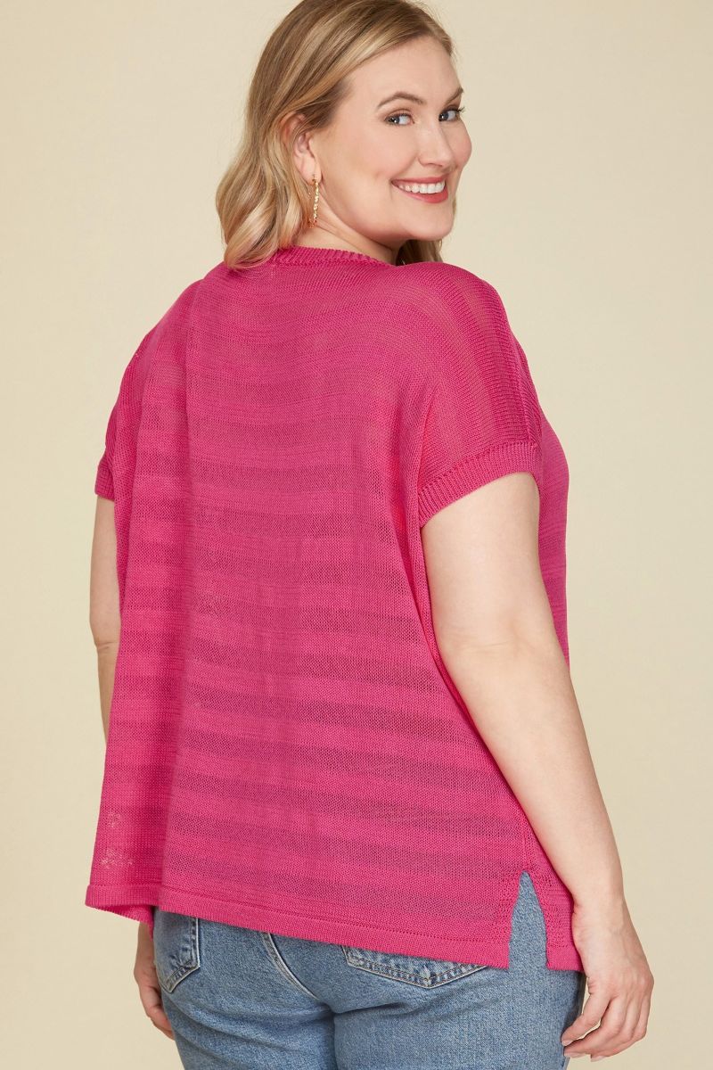 HOT PINK DROP SHOULDER SHEER KNIT TOP PLUS SIZE TOP