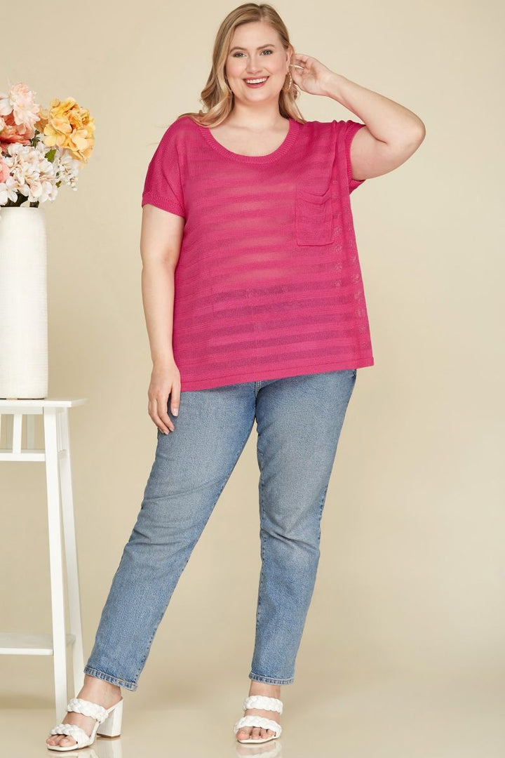 HOT PINK DROP SHOULDER SHEER KNIT TOP PLUS SIZE TOP