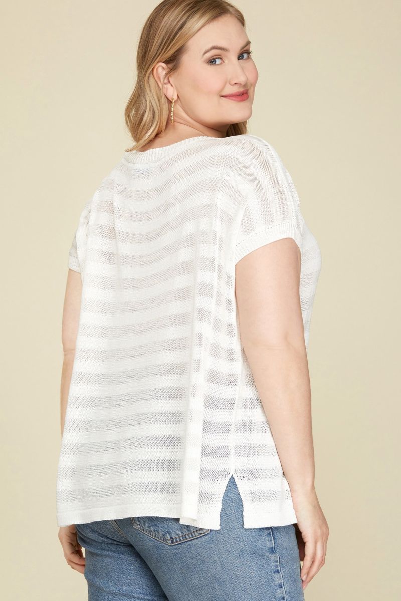 OFF WHITE DROP SHOULDER SHEER KNIT PLUS SIZE TOP