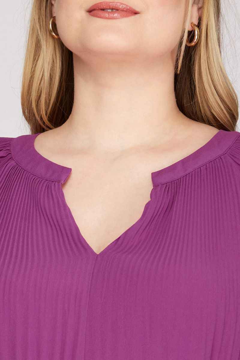 MAGENTA PURPLE FLOUNCE SLEEVES PLEATED WAIST SASH PLUS SIZE MINI DRESS SKPSY3953