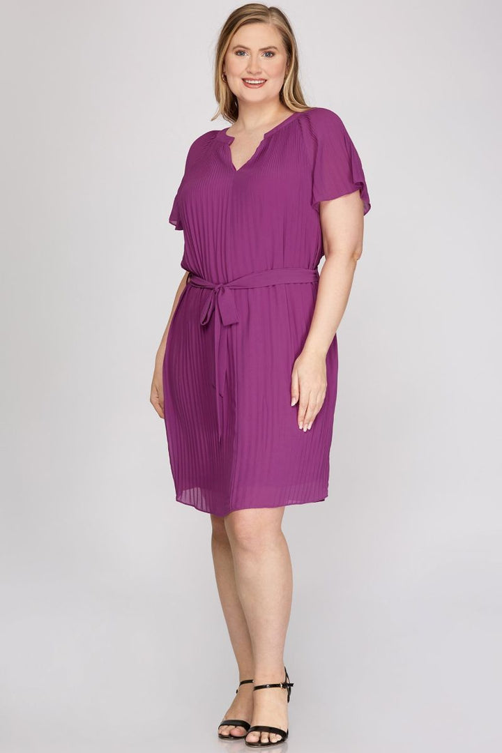 MAGENTA PURPLE FLOUNCE SLEEVES PLEATED WAIST SASH PLUS SIZE MINI DRESS SKPSY3953