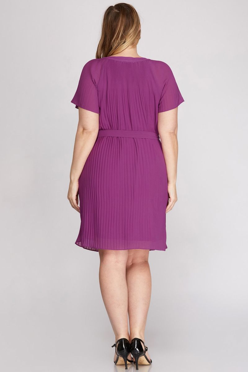 MAGENTA PURPLE FLOUNCE SLEEVES PLEATED WAIST SASH PLUS SIZE MINI DRESS SKPSY3953