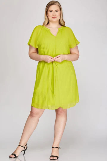 FLOUNCE SLEEVES PLEATED WAIST SASH PLUS SIZE MINI DRESS SKPSY3953