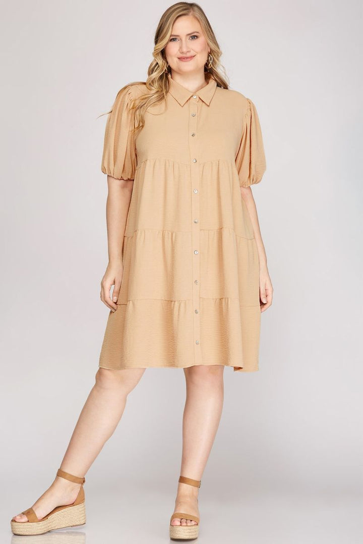 TAUPE SHORT PUFF SLEEVES TIERED SHIRT PLUS SIZE MINI DRESS SKPSY4046
