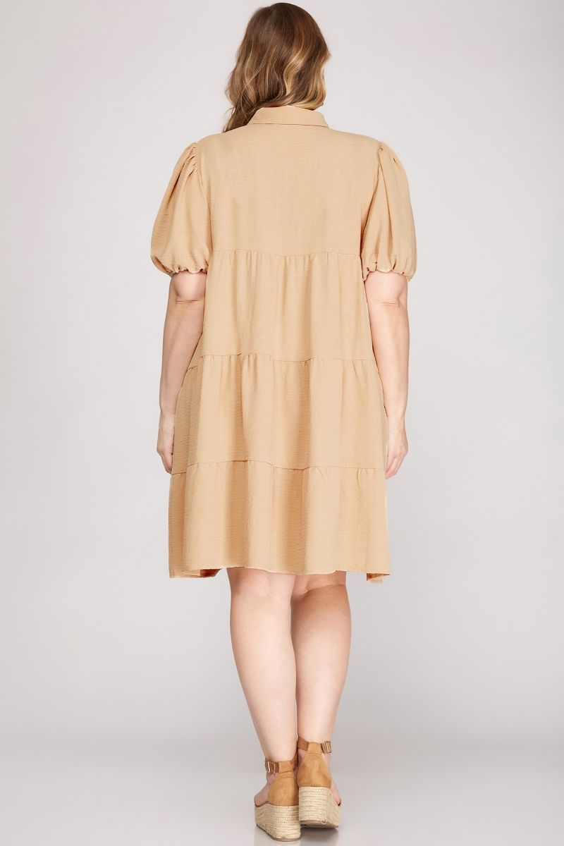 TAUPE SHORT PUFF SLEEVES TIERED SHIRT PLUS SIZE MINI DRESS SKPSY4046