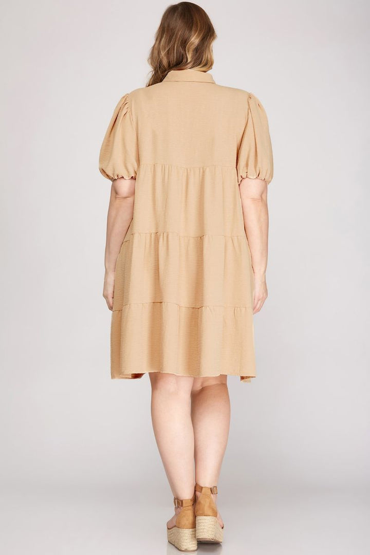 TAUPE SHORT PUFF SLEEVES TIERED SHIRT PLUS SIZE MINI DRESS SKPSY4046