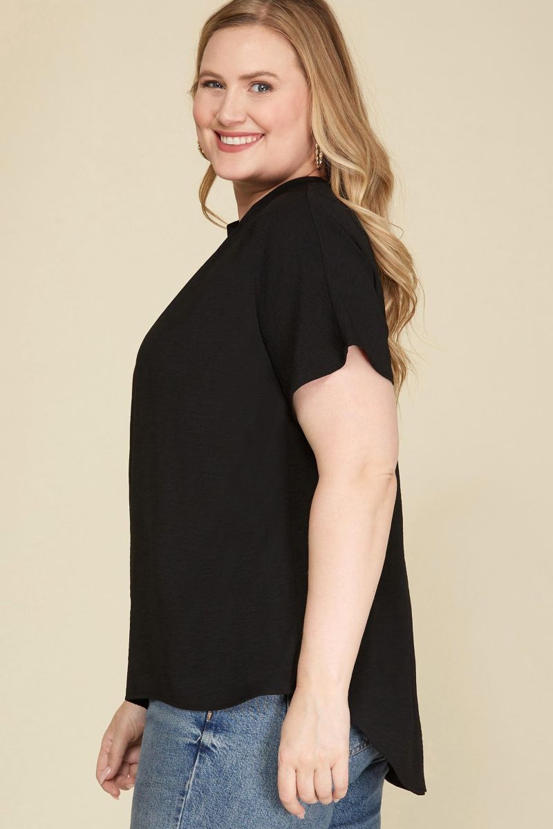 BLACK BATWING SLEEVES BACK TIE WOVEN PLUS SIZE TOP PSY4123