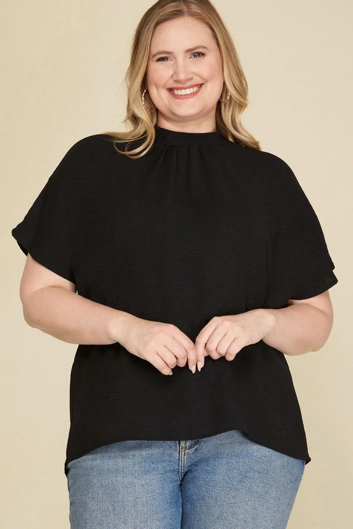 BLACK BATWING SLEEVES BACK TIE WOVEN PLUS SIZE TOP PSY4123