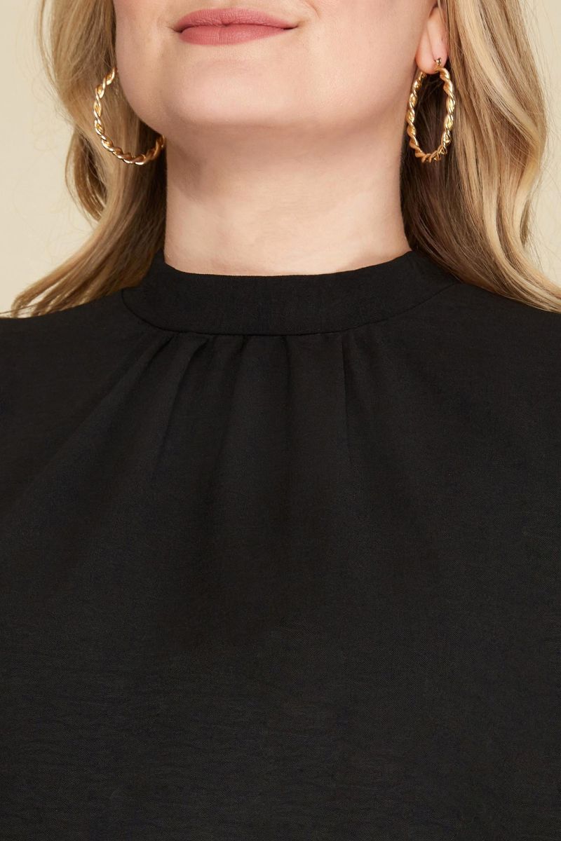 BLACK BATWING SLEEVES BACK TIE WOVEN PLUS SIZE TOP PSY4123