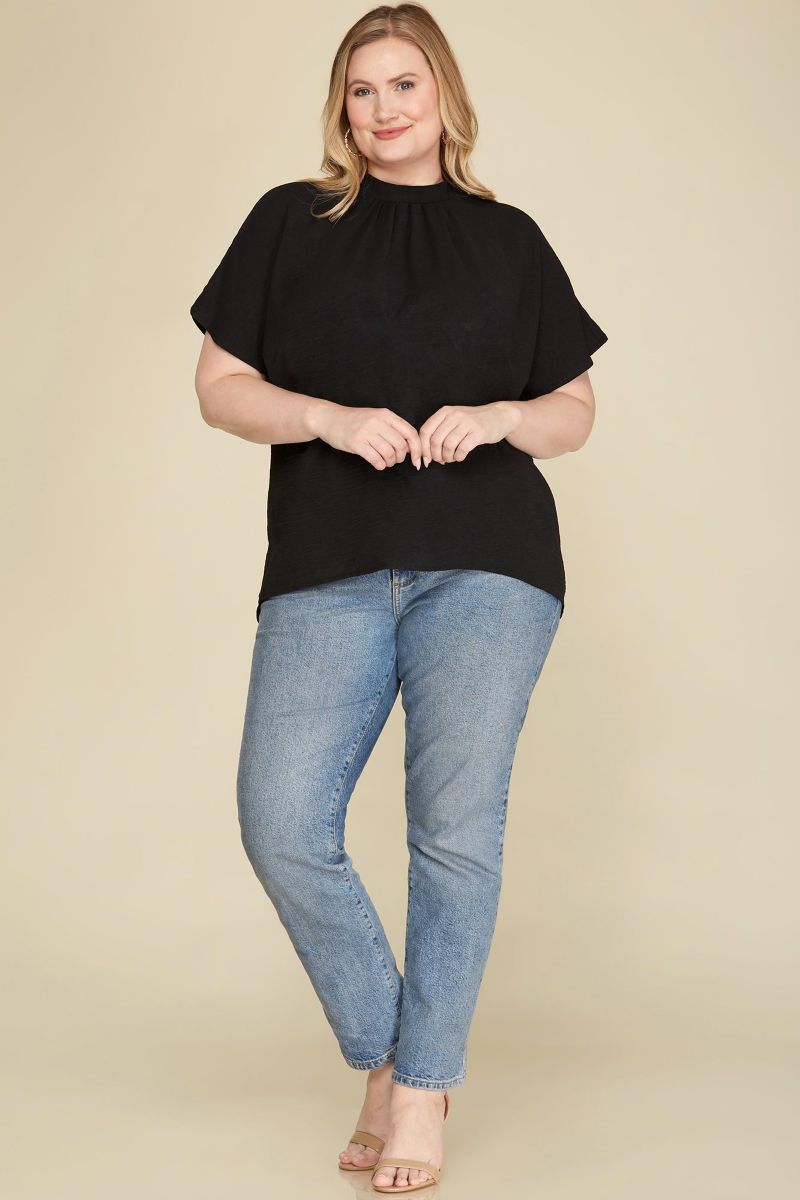 BLACK BATWING SLEEVES BACK TIE WOVEN PLUS SIZE TOP PSY4123