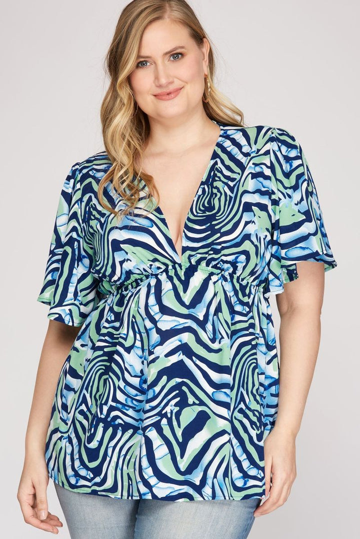 NAVY FLUTTER SLEEVES PLUNGE NECK PLUS SIZE WOVEN TOP SKPSY4252