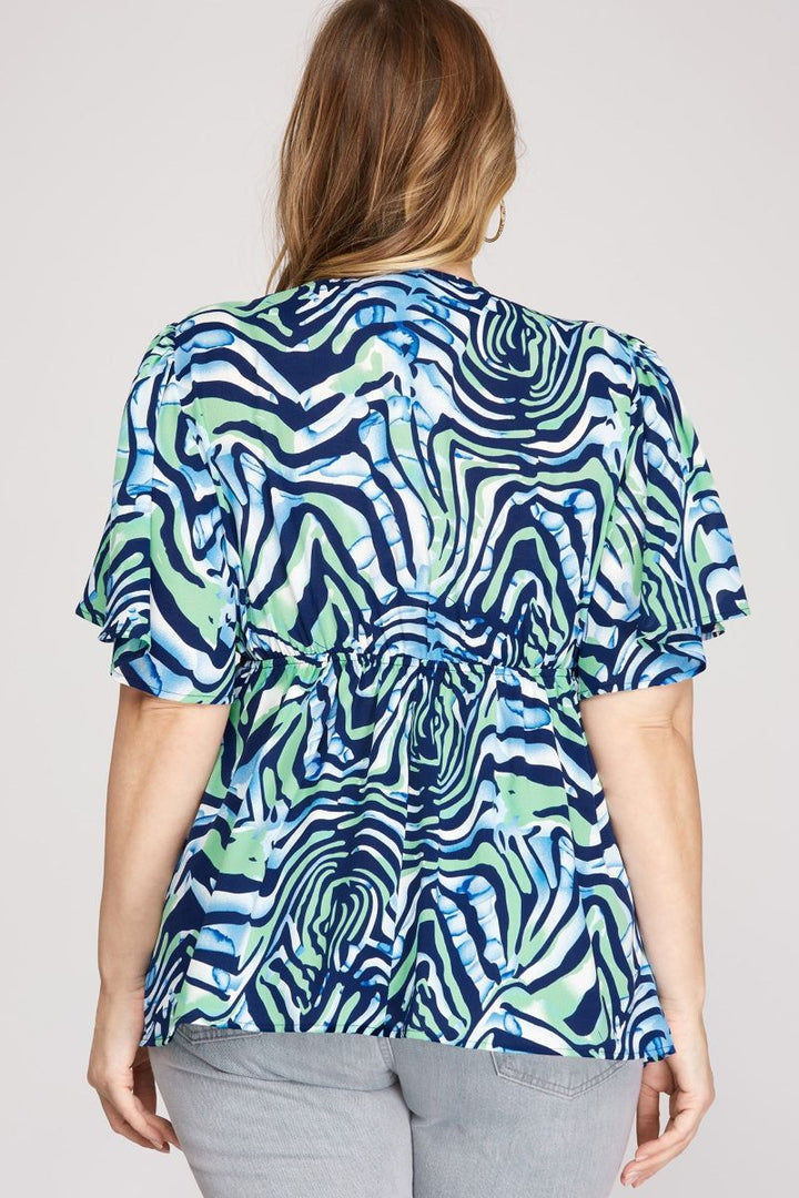 NAVY FLUTTER SLEEVES PLUNGE NECK PLUS SIZE WOVEN TOP SKPSY4252