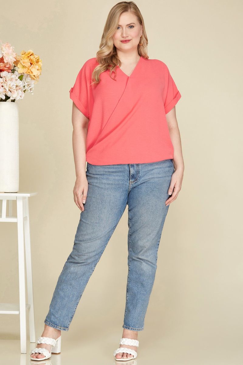 CORAL SURPLICE DROP SHOULDER BACK STRAP PLUS SIZE TOP SKPSY4445