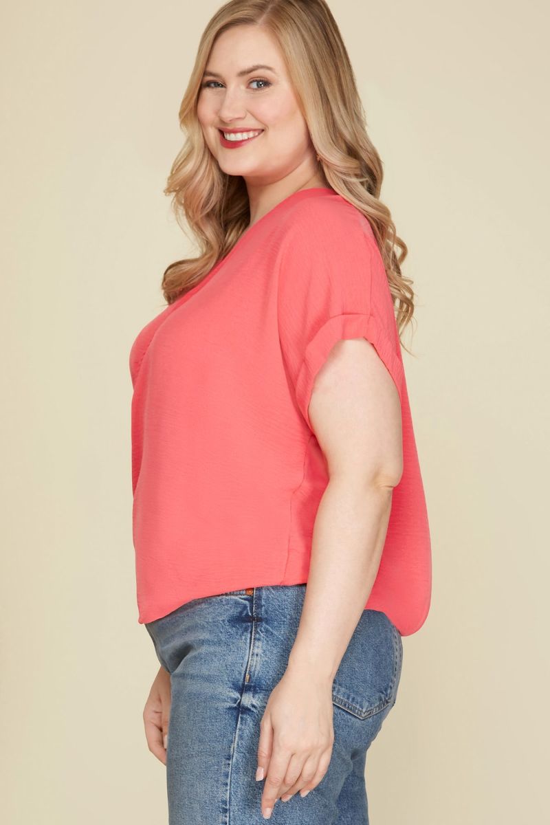 CORAL SURPLICE DROP SHOULDER BACK STRAP PLUS SIZE TOP SKPSY4445