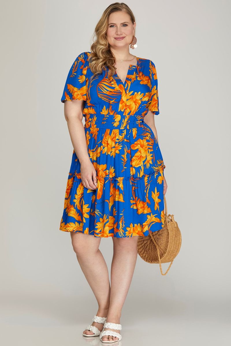 ROYAL BLUE FLORAL ELASTIC WAIST TIERED PLUS SIZE MINI DRESS SKPSY6888